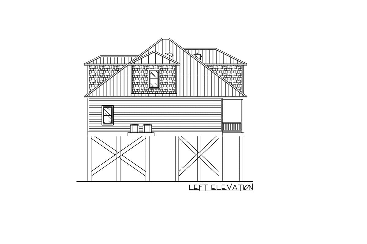 Left elevation drawing of a two-story house plan on stilts with horizontal siding, dormer, and porch.