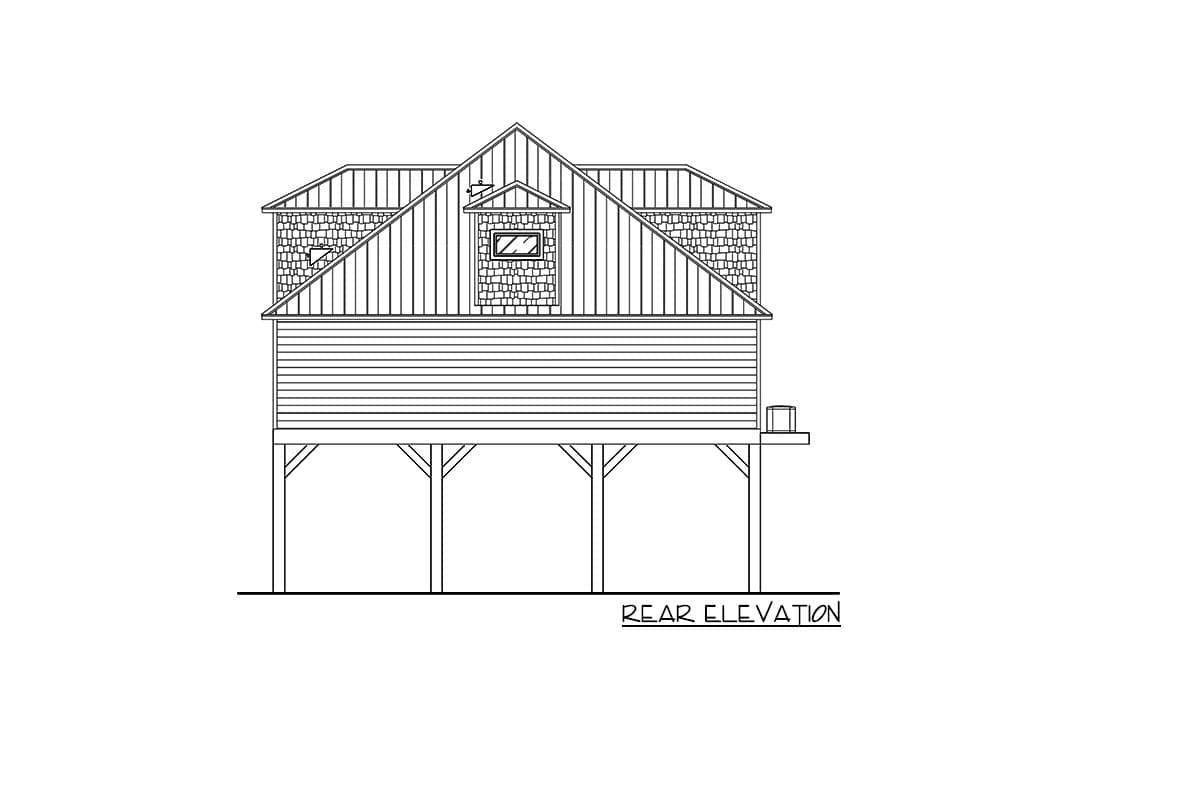 Rear elevation drawing of a house elevated on stilts, featuring horizontal siding and gabled dormers.