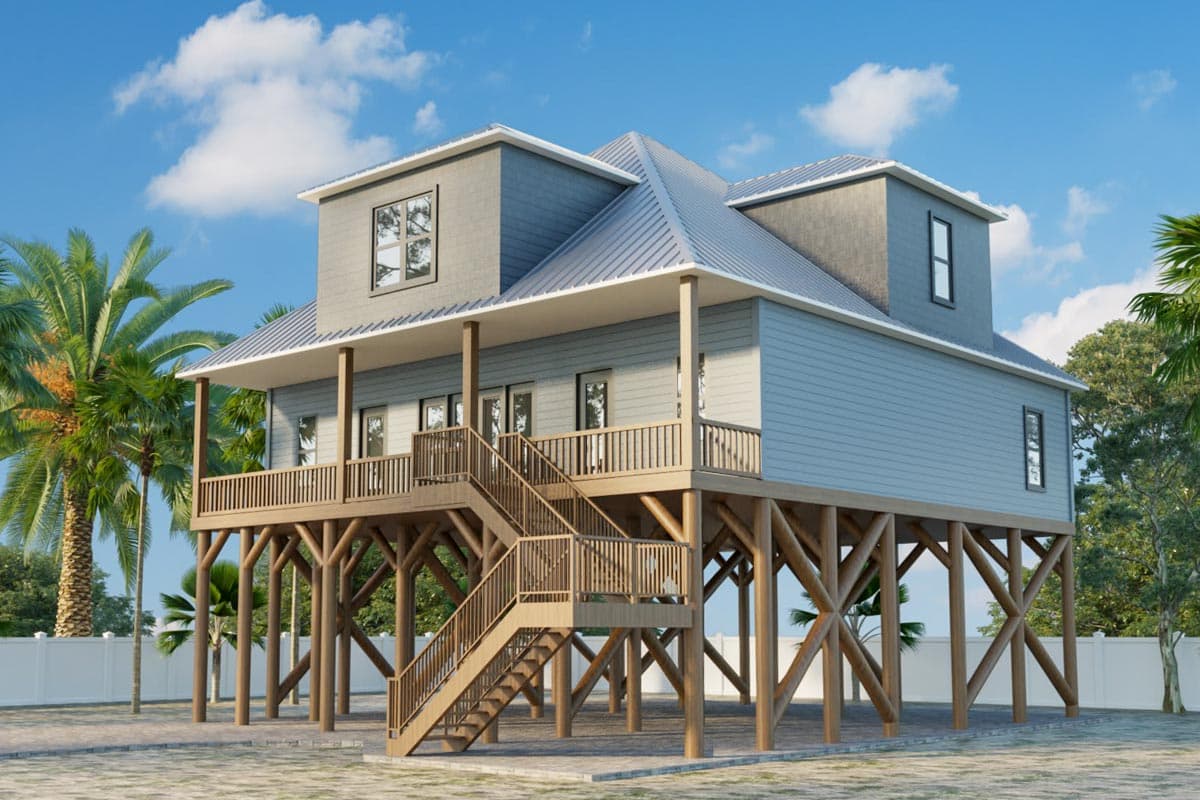 House plan exterior. Two-story coastal house with metal roof, elevated porch, and stair access. Features include dormers and exposed supports.