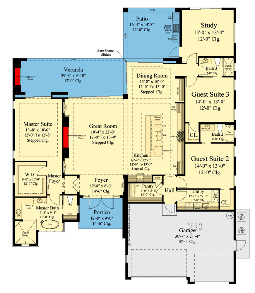 Plan 340049STR: 3-Bed Mid-Century Modern House Plan with Multi-Generational Potential - 2836 Sq Ft - Floor Plan - Main Level - Contemporary, Mid Century Modern, Modern, Ranch