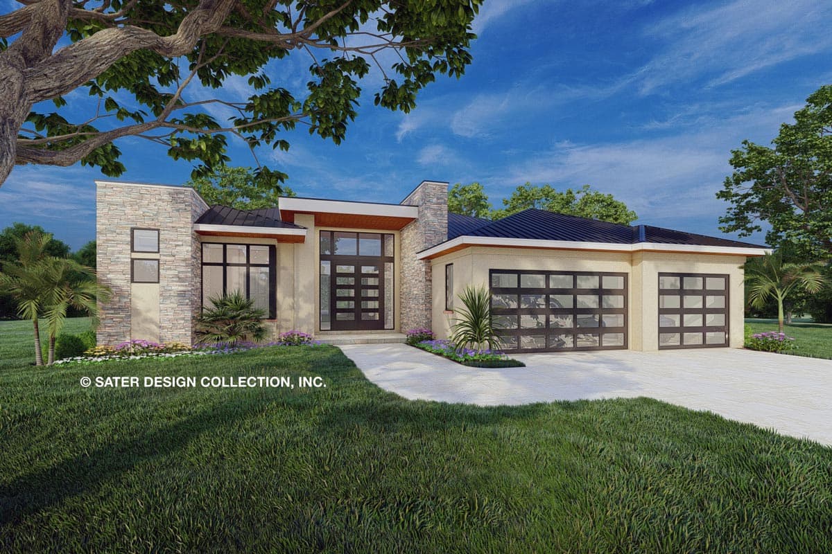 Modern house plan exterior featuring stone accents, a cantilevered roof, and glass garage doors.