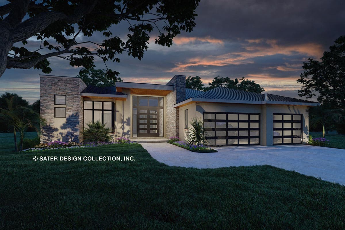 Modern house plan exterior with stone accents, large windows, glass garage doors, and a prominent entry.