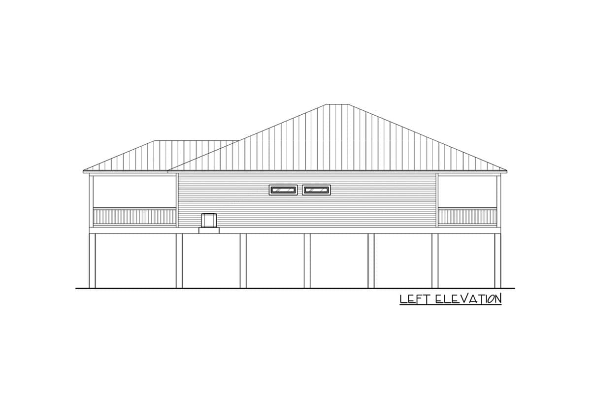 Left elevation house plan drawing shows a raised single-story home with a porch, metal roof, and horizontal siding.