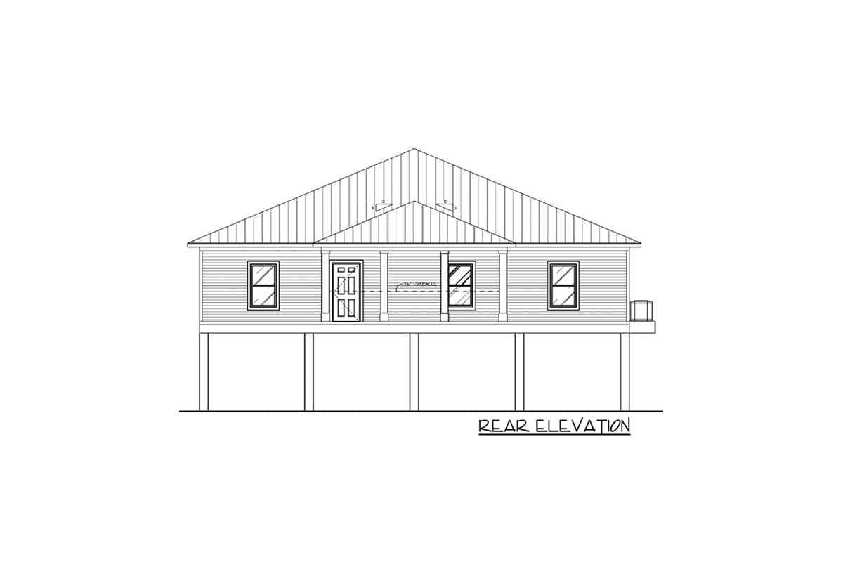 Rear elevation drawing of a raised ranch house plan with a central covered entry and four windows.