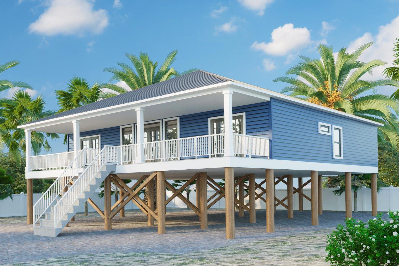 House plan exterior. Coastal-style home with one story, elevated on pilings, and featuring a wrap-around porch and a metal roof.