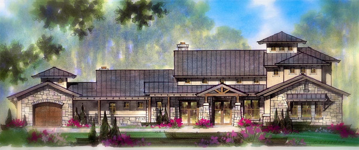 House plan exterior with stone accents, multiple rooflines, and a covered entry. Features a two-story section and a detached garage.