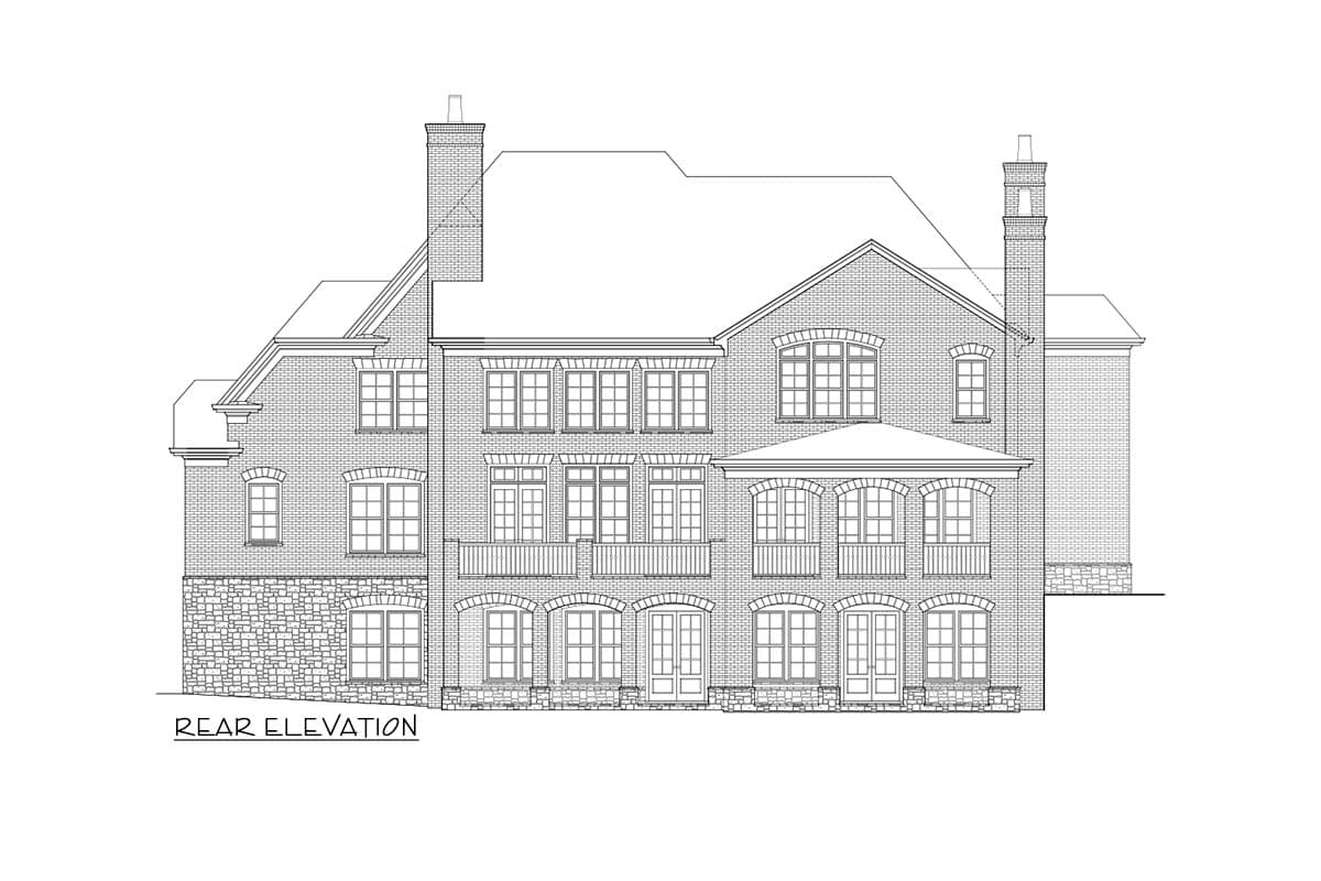Rear elevation drawing of a multi-story brick house with stone base, multiple windows, balconies, and chimneys.