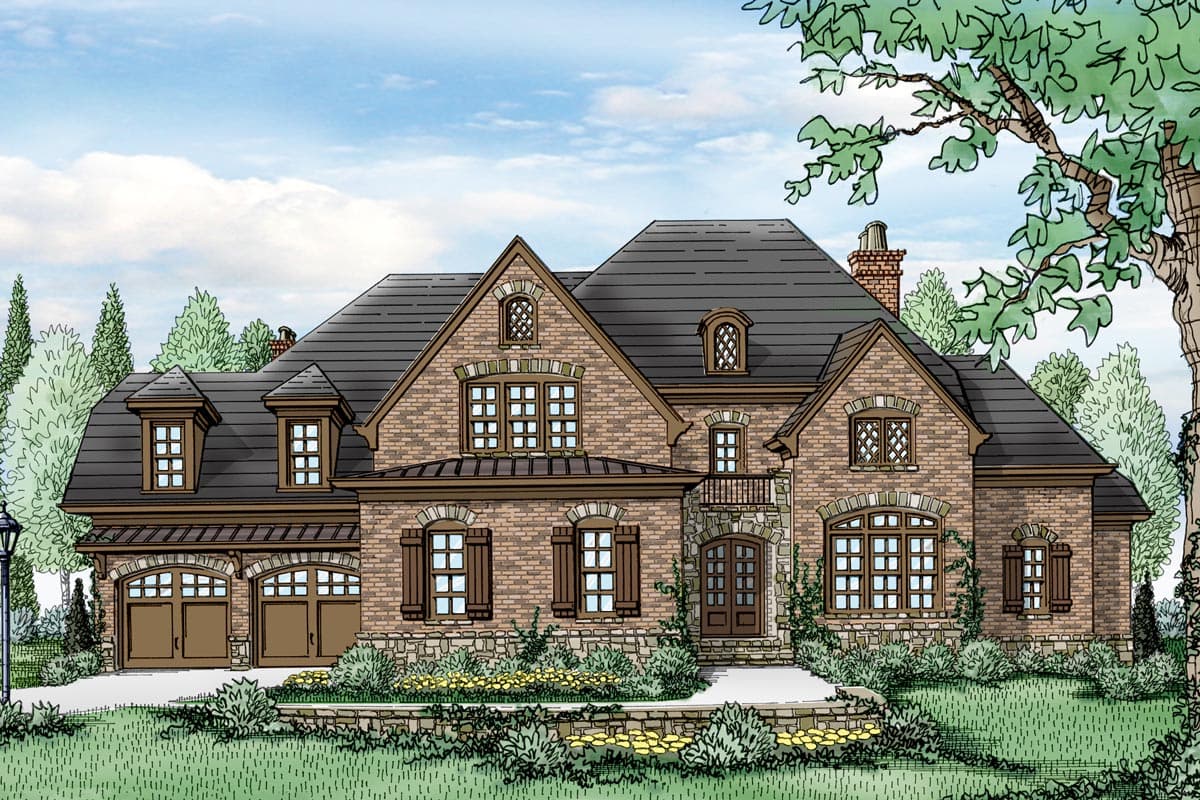 House plan exterior. Two-story, brick facade, featuring a hipped roof, multiple gables, and a porte-cochere over the front entry.