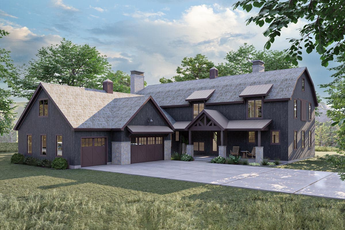 House plan exterior featuring a two-story home with a gabled roof, dormers, a covered porch, and a garage with stone accents.
