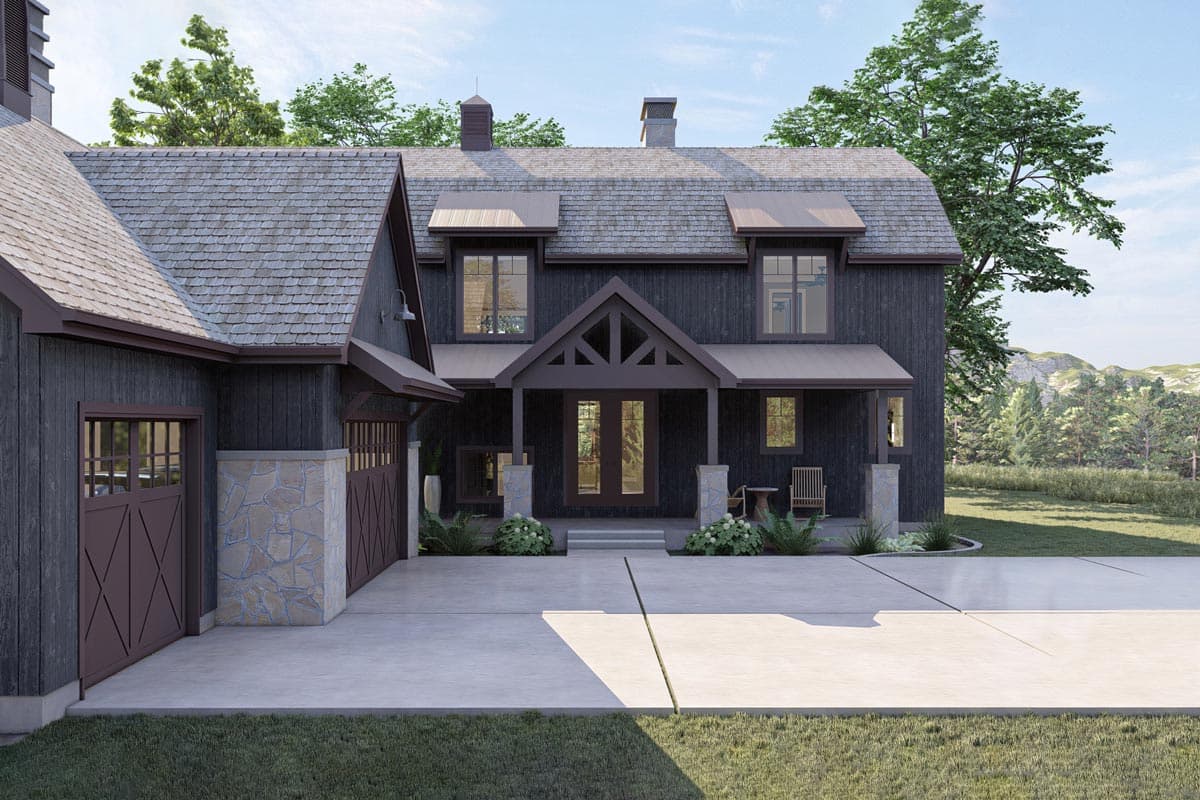House plan exterior: Two-story Modern Farmhouse with stone base, prominent gables, dormers, and attached garage.