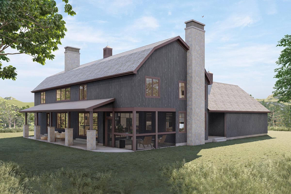 Modern Farmhouse house plan exterior with a gambrel roof, stone chimneys, wraparound porch, and screened-in porch.