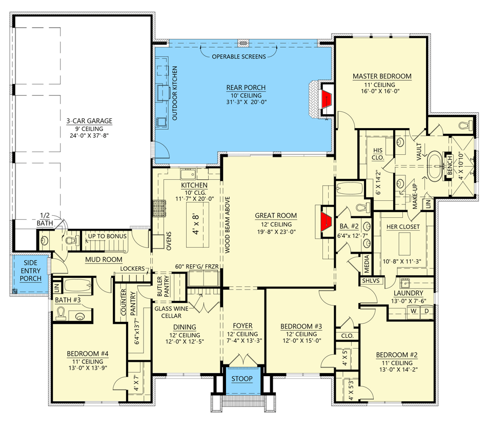 Plan 56514SM: 4-Bed Transitional House Plan with Massive Rear Porch and Outdoor Kitchen - Floor Plan - Main Level - Acadian, Louisiana-Style, New American, Southern, Transitional