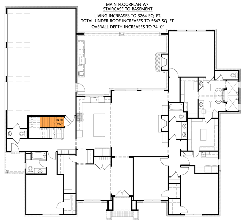 Plan 56514SM: 4-Bed Transitional House Plan with Massive Rear Porch and Outdoor Kitchen - Floor Plan - Basement Stairs Location - Acadian, Louisiana-Style, New American, Southern, Transitional