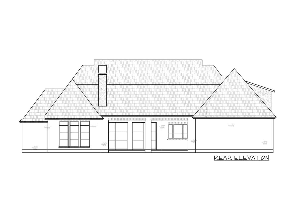 Rear elevation drawing of a house plan with a gabled roof, chimney, and multiple windows.