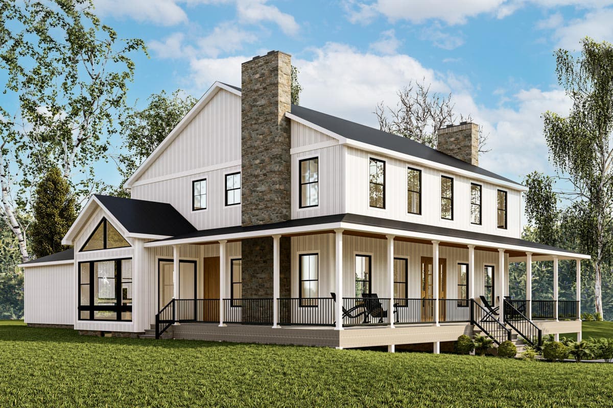 House plan exterior: Two-story Modern Farmhouse with wrap-around porch, stone chimneys, and prominent gable window.
