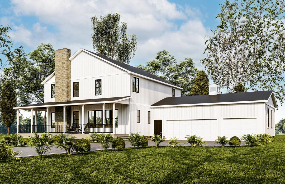 Modern Farmhouse house plan exterior with wraparound porch, stone chimney, gables, and a three-car garage.