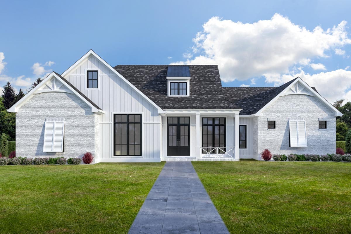 House plan exterior featuring a Farmhouse style with a gable roof, covered porch, and brick and siding exterior, two stories.