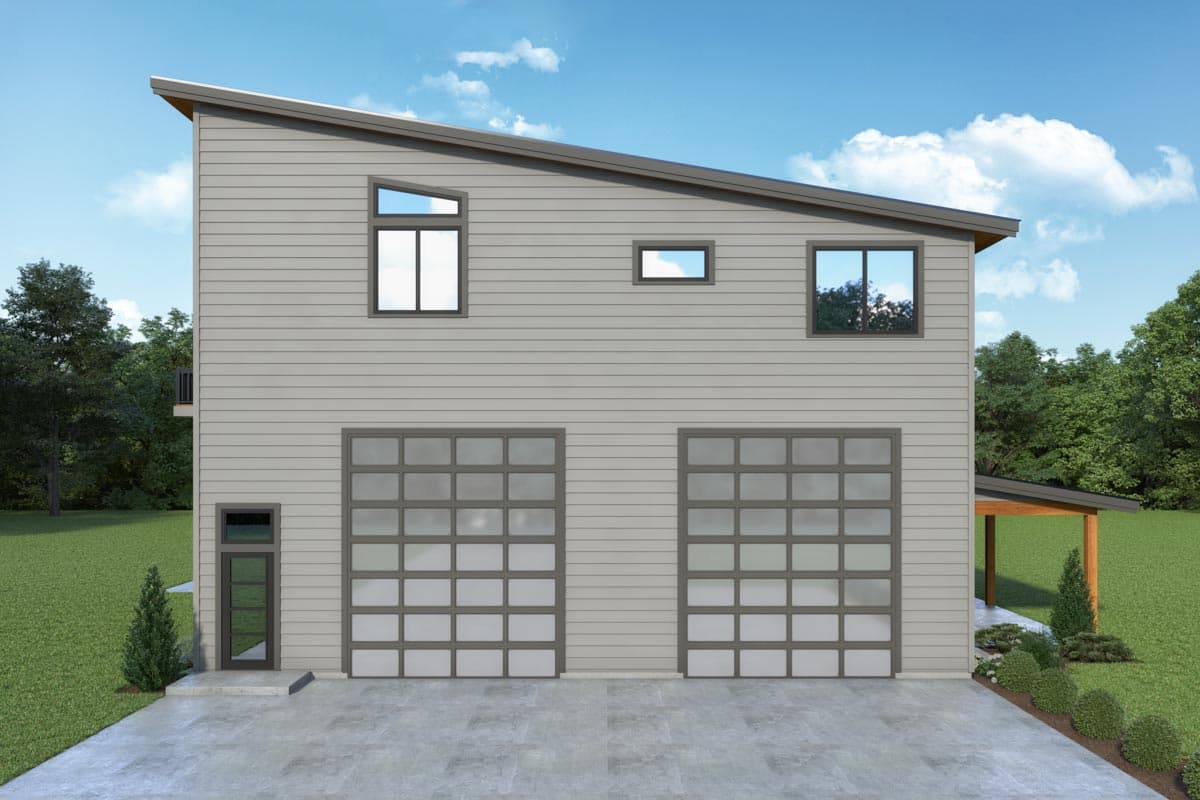 House plan exterior with modern style, two stories, and asymmetrical roofline. Features include glass garage doors and varied window shapes.