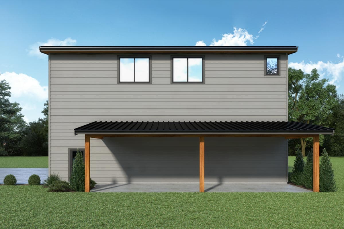 House plan exterior: Two-story Modern style with horizontal siding, a covered carport, and multiple windows.