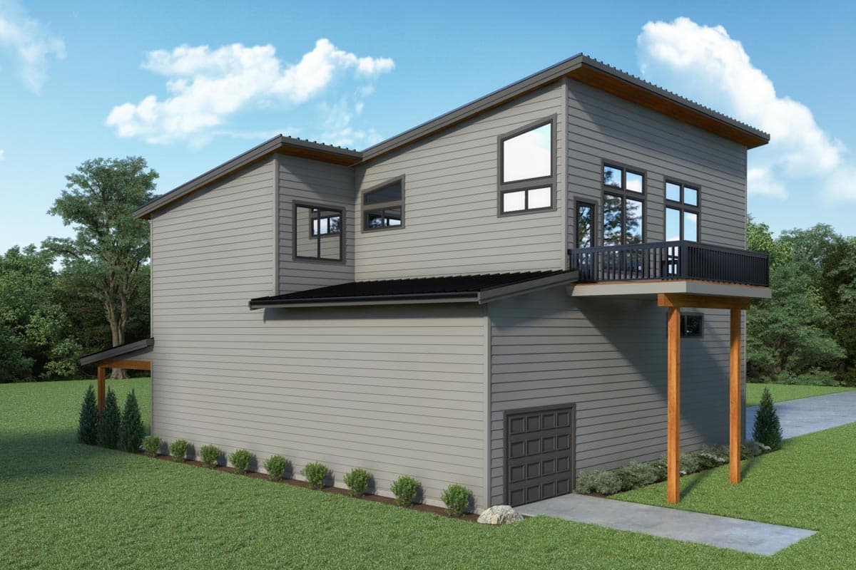 Modern house plan exterior with flat roof, siding, second-story balcony, and detached garage.