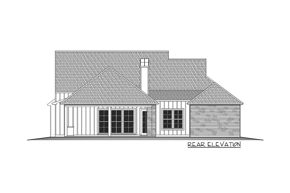 Rear elevation drawing of a house plan showing a large roofline, multiple windows, and covered porch.