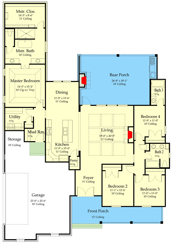 Plan 860060MCD: Modern Country Home Plan with 4 Beds and a Large Back Porch with Fireplace - Floor Plan - Main Level - Country, Modern Farmhouse, New American, Ranch, Southern, Traditional
