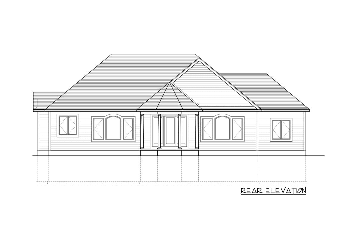 Rear elevation of a single-story house plan featuring a covered entrance with columns, gabled rooflines, and varied window styles.