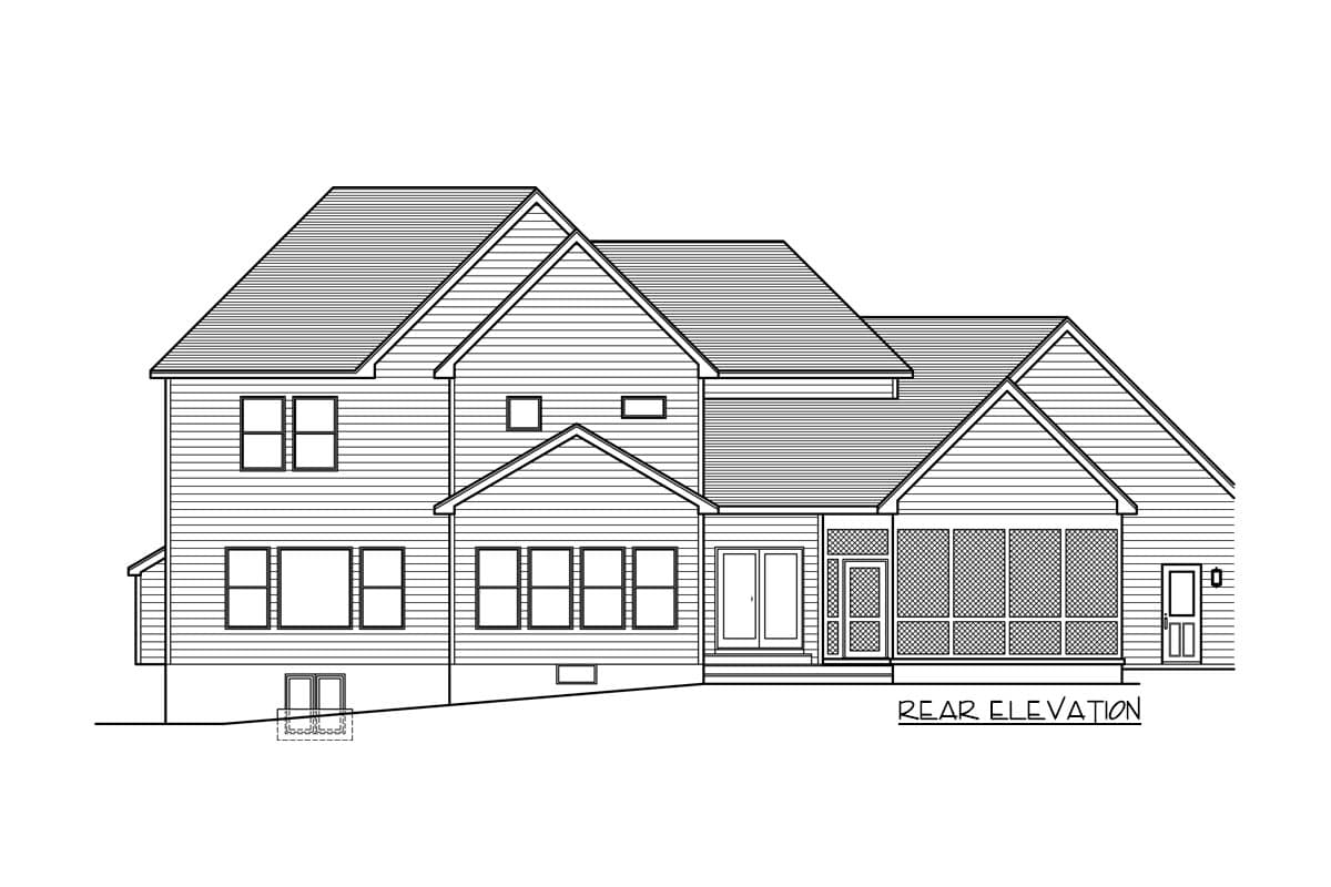Rear elevation drawing of a two-story house plan with multiple gables, a screened porch, and a side-facing garage.