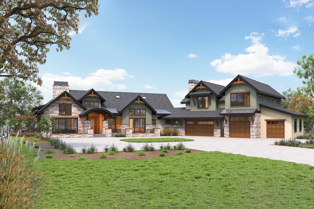 House plan exterior. Craftsman style, two-story home. Features include multiple gables, stone accents, and a front-facing garage with three bays.