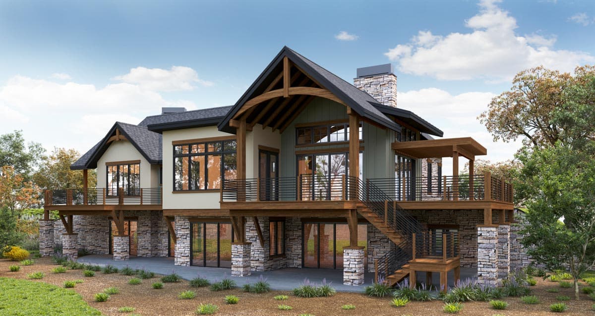 Modern Mountain house plan exterior with stone base, multiple decks, and large gables with exposed timber beams.