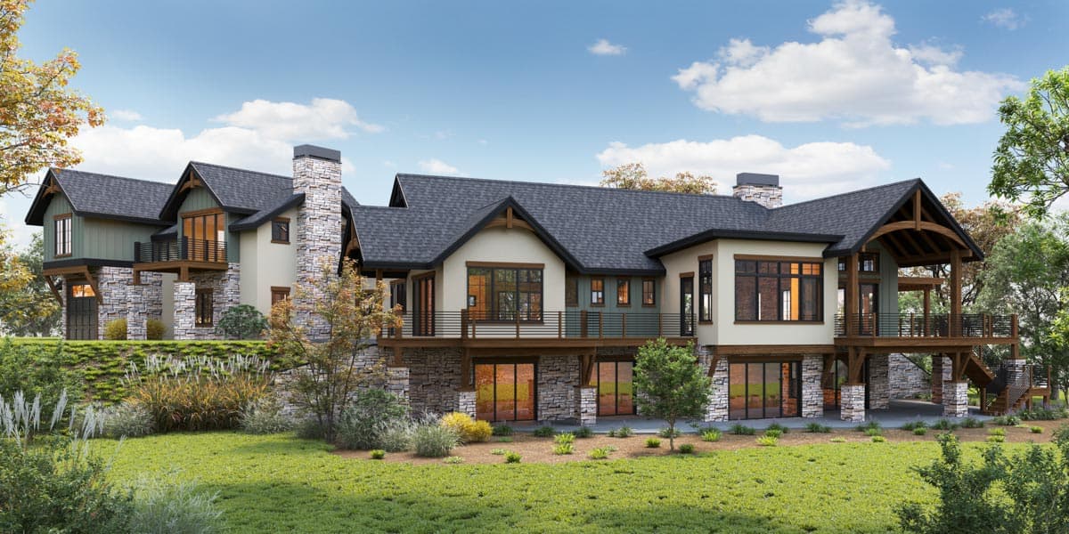 House plan exterior: Modern home with multiple gables, stone accents, large windows, and extensive decks.