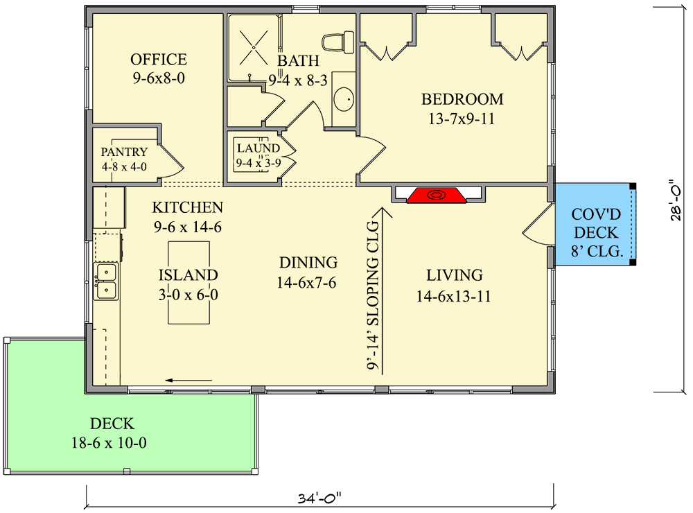 Plan 95133RW: Modern 1-Bed Cottage ADU House Plan with Home Office - Floor Plan - Main Level - Contemporary, Cottage, Mid Century Modern, Modern, Vacation