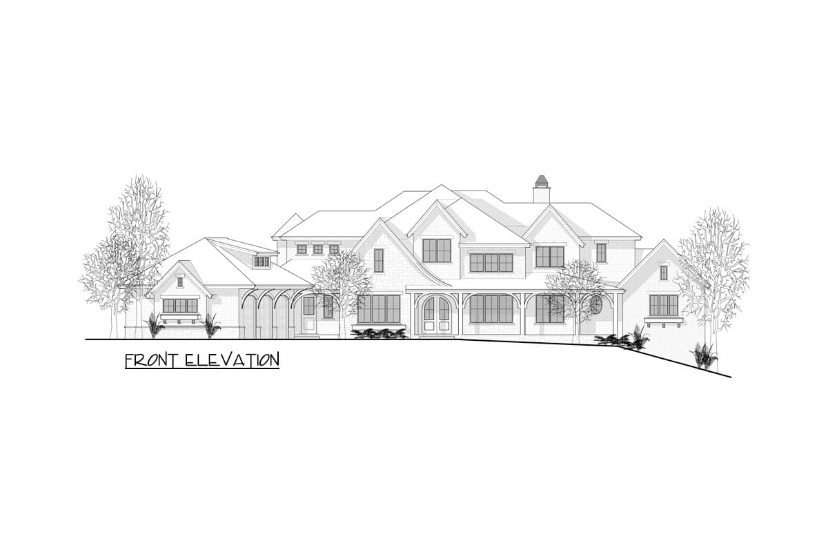 Front elevation drawing of a large house with a wraparound porch, multiple gables, dormers, and a detached garage.