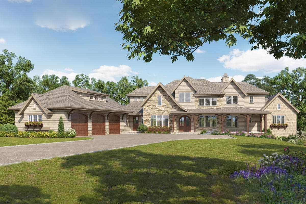 House plan exterior featuring Craftsman style, two stories, gabled rooflines, stone facade, and a front porch. Attached garage with dormers.