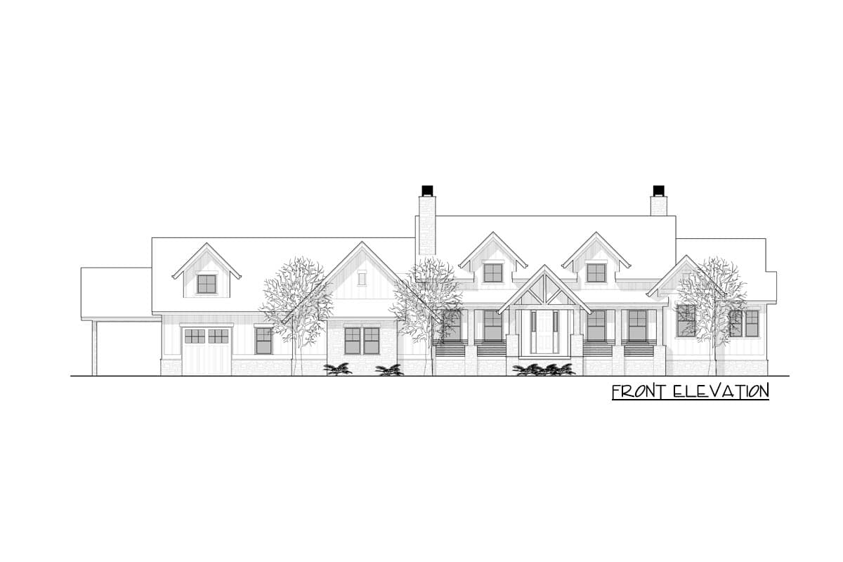 Front elevation house plan with gabled dormers, covered front porch with columns, and attached carport.