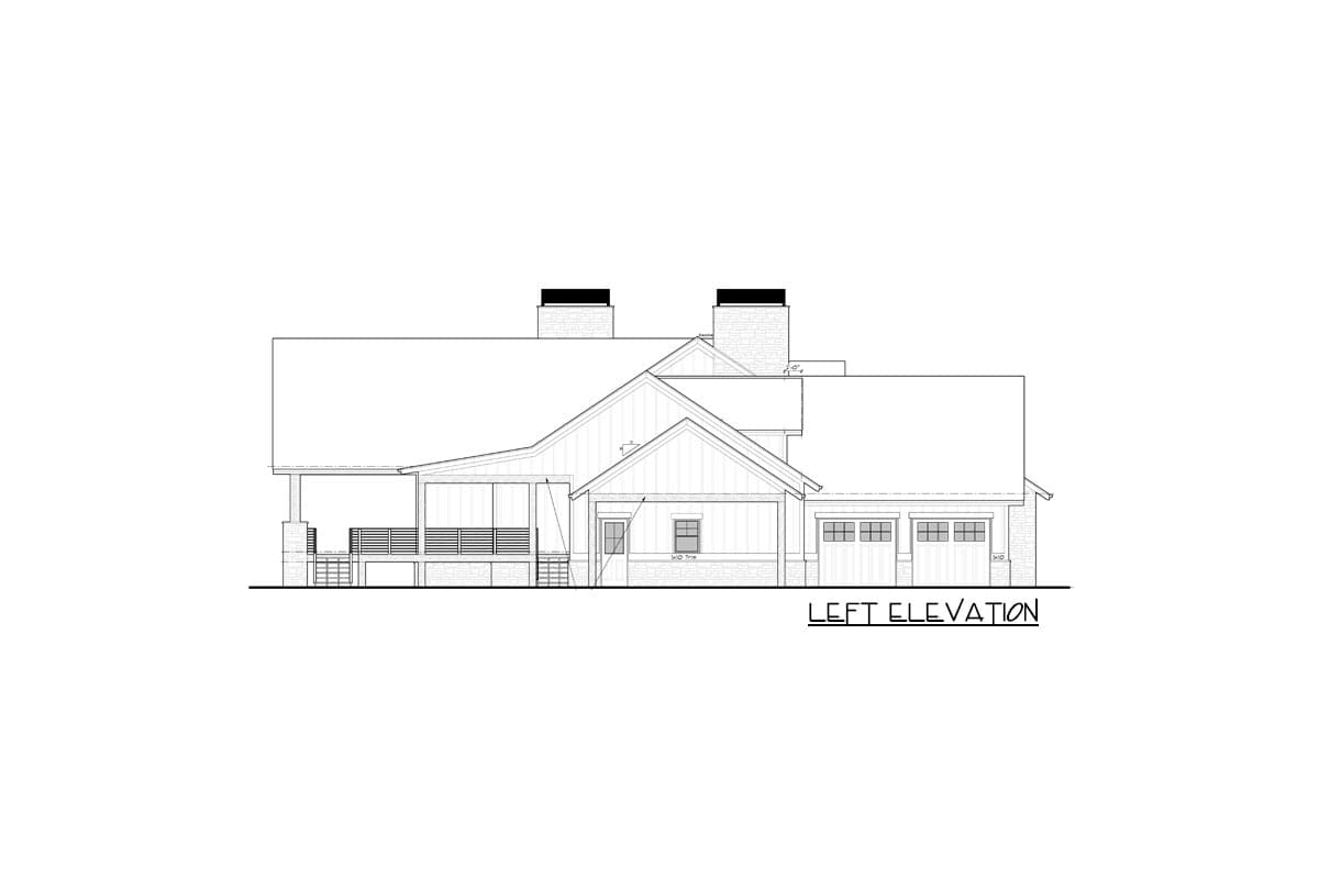 Left elevation drawing of a house plan featuring a covered porch, gabled rooflines, two chimneys, and a three-car garage.