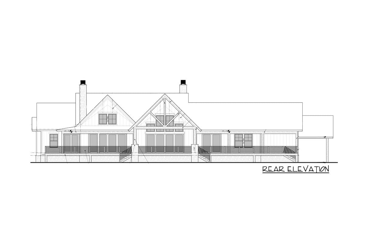 Rear elevation drawing of a house plan featuring multiple gables, a covered porch, and large windows.