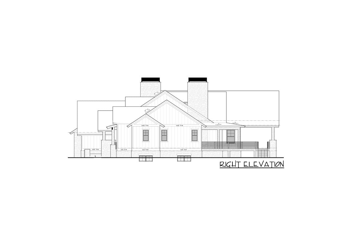 House plan right elevation drawing with two chimneys, gabled roof, and covered porch with railing.
