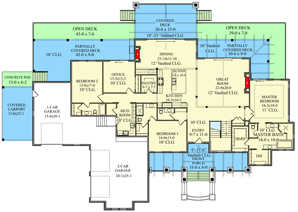 Plan 95135RW: 3-Bed Country Craftsman with Large Rear Deck - Floor Plan - Main Level - Country, Craftsman, Mountain, New American