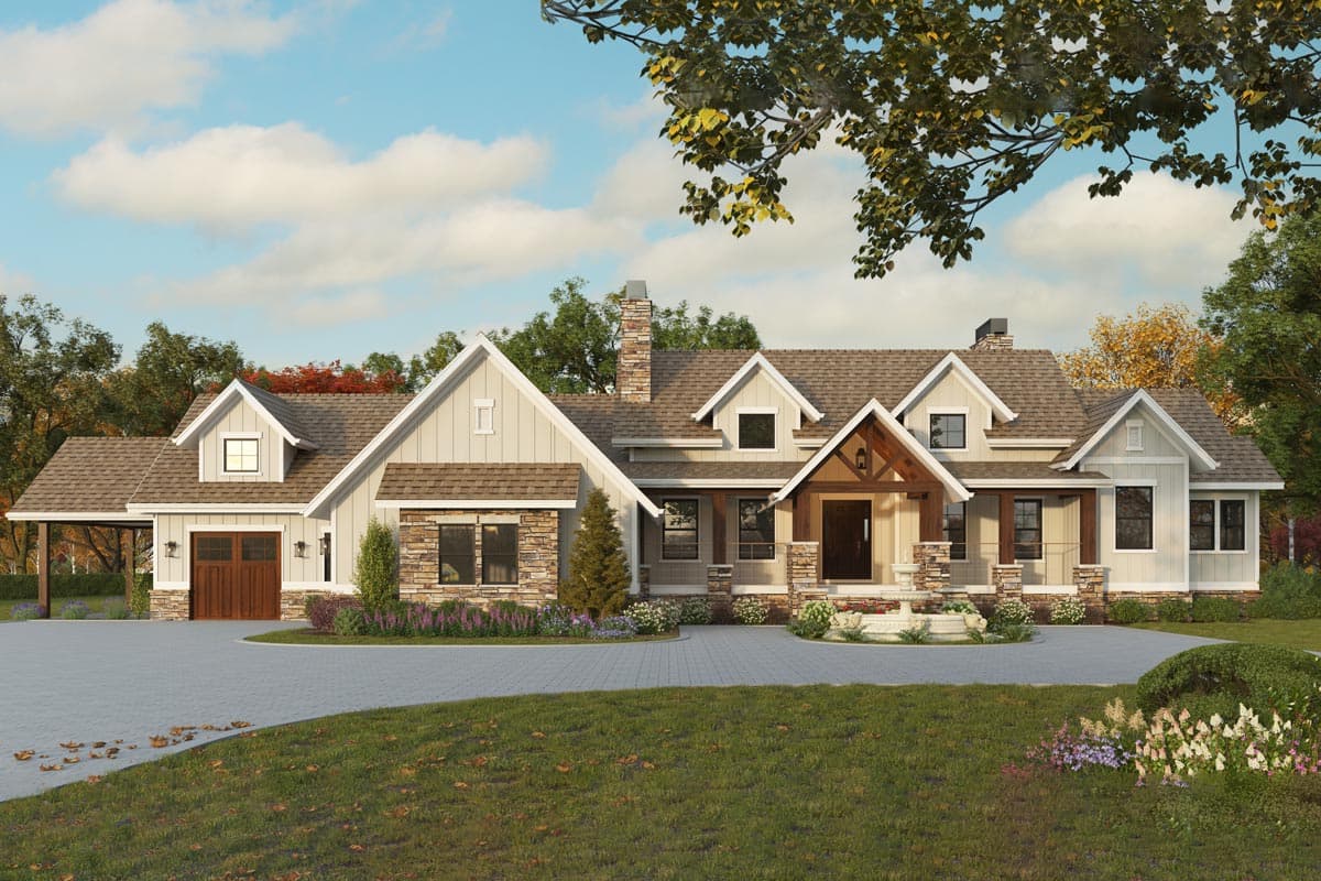 House plan exterior. Two-story Modern Farmhouse with gabled roof, stone accents, covered porch, and attached garage. Driveway winds to the home.