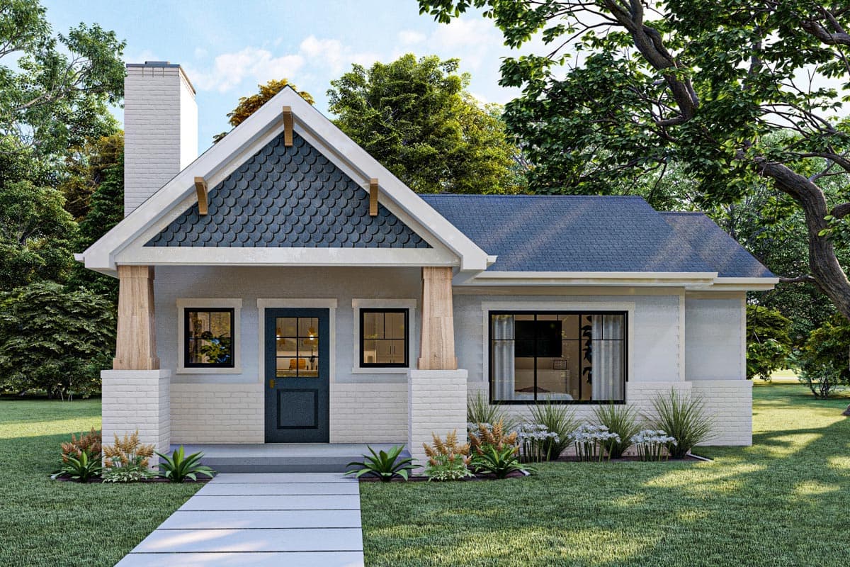 House plan exterior. Craftsman style, one story, with gabled roof, front porch with wooden columns, and chimney.