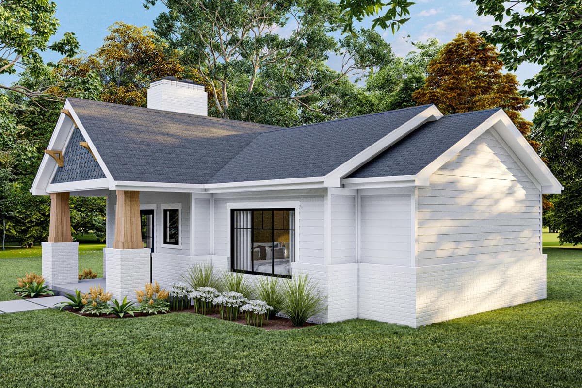 House plan exterior: One-story Modern Farmhouse with gabled entrance, wood-accented porch columns, white brick base, and horizontal siding.