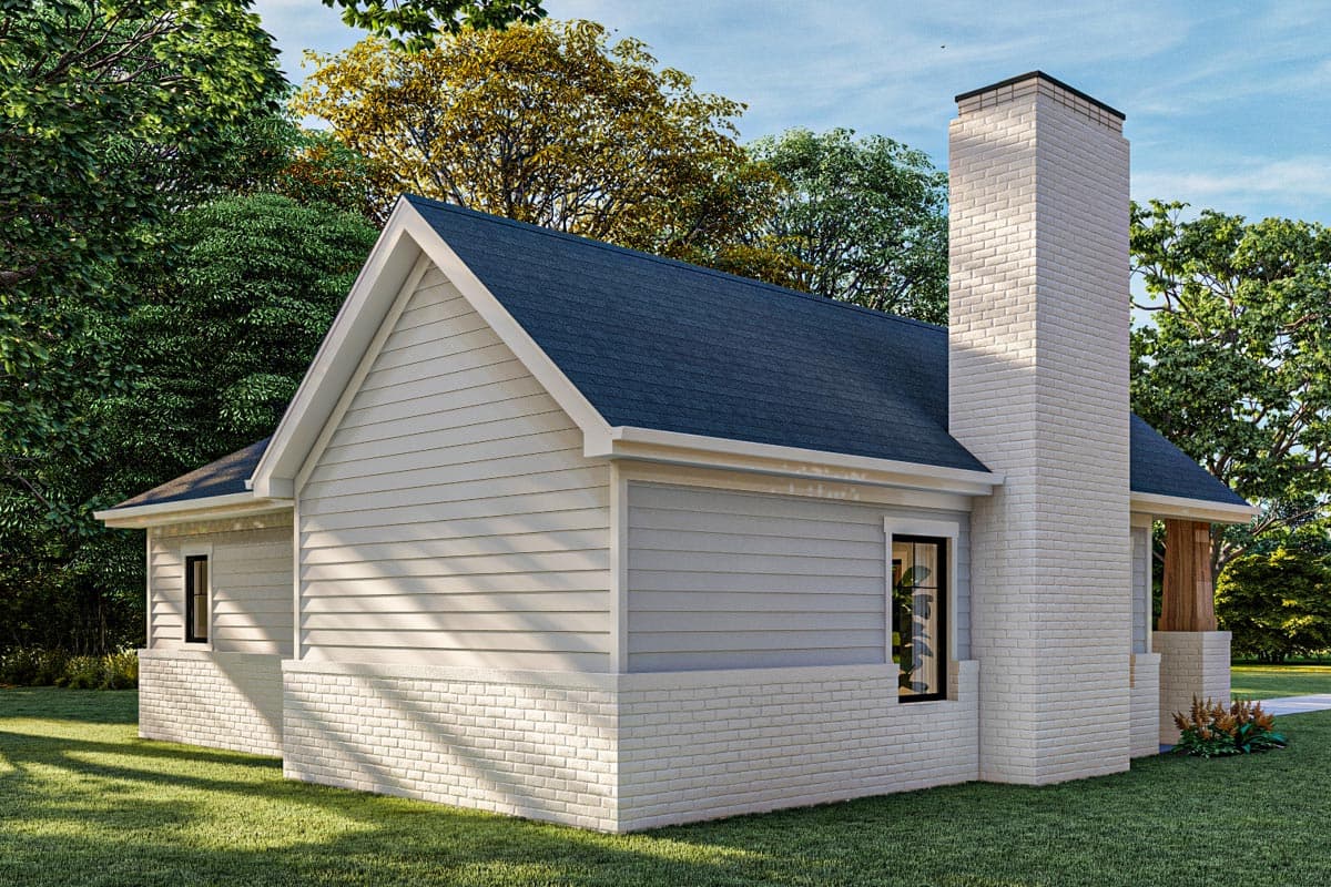 House plan exterior view of one-story home with white brick foundation, horizontal siding, gable roof, and prominent brick chimney.