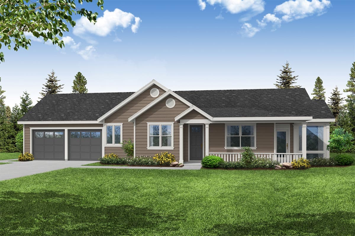 House plan exterior featuring a one-story Ranch style home with a front-facing garage, a gabled roof, and a covered porch with a railing.