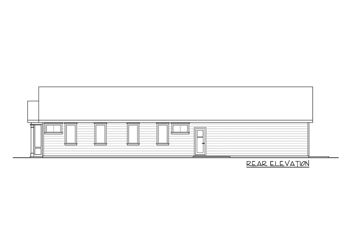 Rear elevation drawing of a one-story house plan with multiple windows and a single rear door.