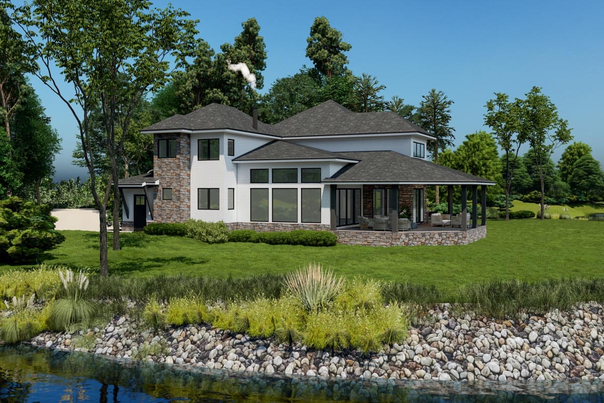 Two-story modern house plan exterior with stone accents, large windows, gabled roof, and covered patio.