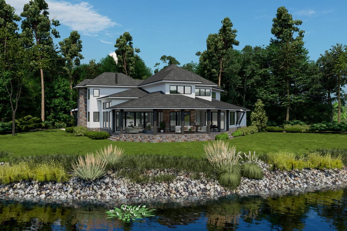 House plan exterior rendering: Modern home with wraparound covered porch, stone accents, and multiple gables.