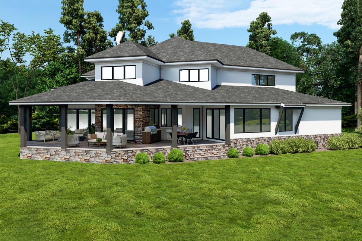 House plan exterior: Two-story contemporary design with a wide covered patio, stone accents, and multiple gables.