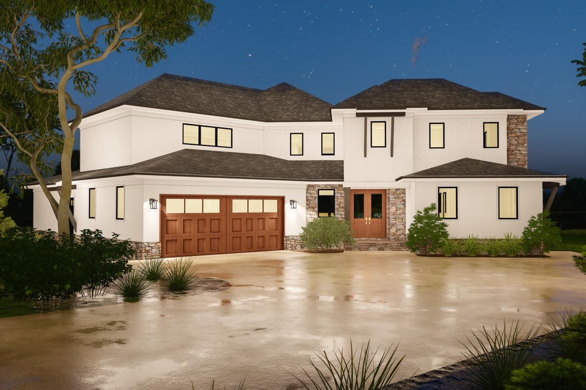 House plan exterior: two-story home with attached garage, stone accents, and prominent gable rooflines.
