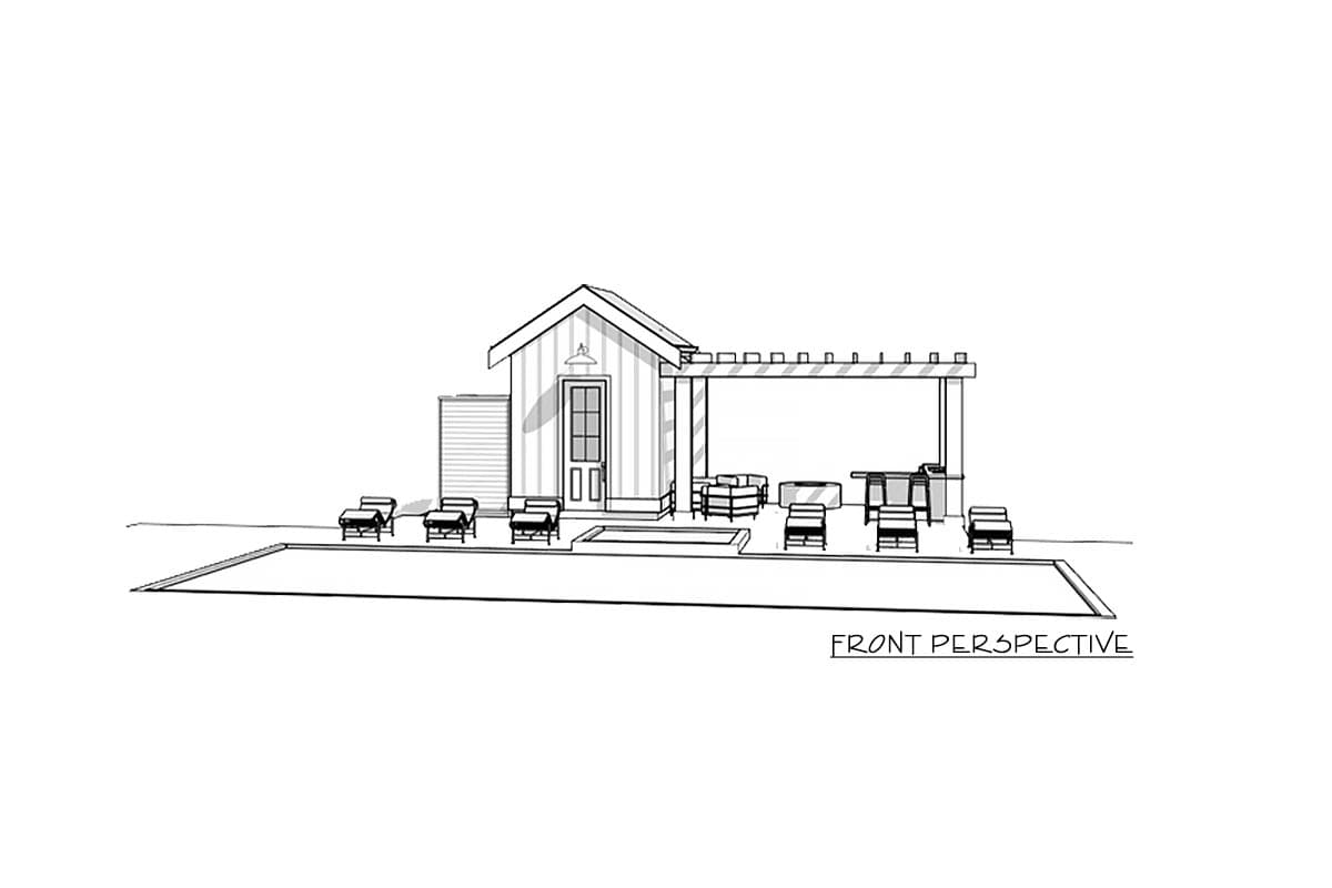 House plan exterior rendering of a one-story modern farmhouse with a gabled roof, front porch, and attached pergola over an outdoor seating area.